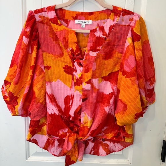 Rose & Olive Tops - Rose + Olive Floral Balloon Sleeve Tie Front Blouse Orange Pink XS
